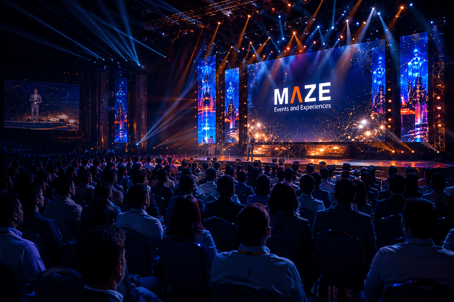 Maze Events corporate experience with a live audience and illuminated stage